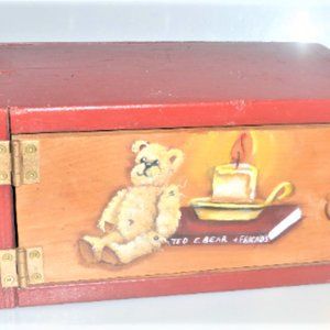 Handmade WOOD BOX Hand Painted Wood Storage Box Teddy Bear Shelf Vintage Box Ant